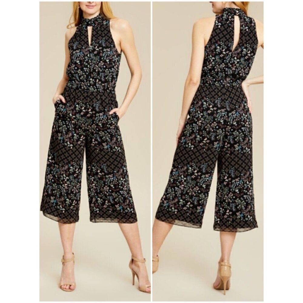 TED BAKER Marcila Hazel Floral Halterneck Jumpsuit Crop Wide Leg Open Back Sz 4
